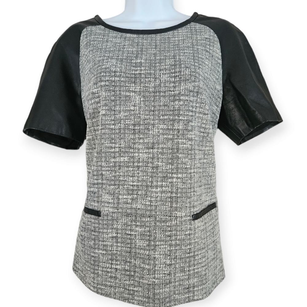 NWOT Nordstrom black & white tweed leather sleeves sweater top Womens Medium